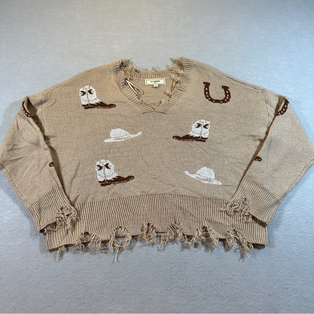 No Comment Women’s Tan Western Pullover Sweater Size M Cowboy Chic Raw Hem Ranch